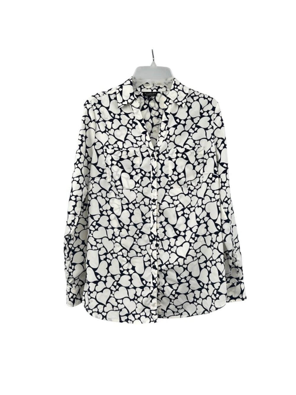 Talbots Heart Print Button Up Top Ivory/Navy Sheer Womens Size Small